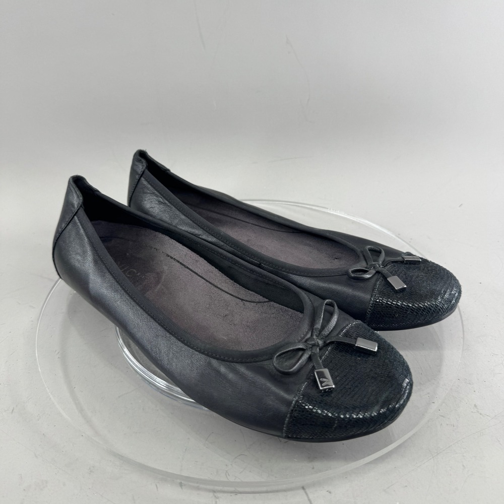 Vionic Women Black Leather Minna Ballet Flats Orthotic Support Cap Toe Bow 9.5